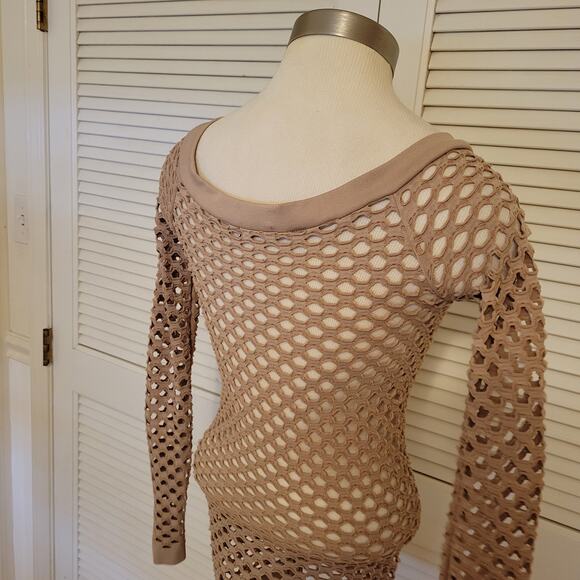 Sarella Mesh Long Sleeve Mini Dress Wide Neck Beige Size 0 Stretchy - Picture 5 of 7